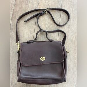 Crossbody Flap Brown Leather Bag With Gold Hardware and Handle